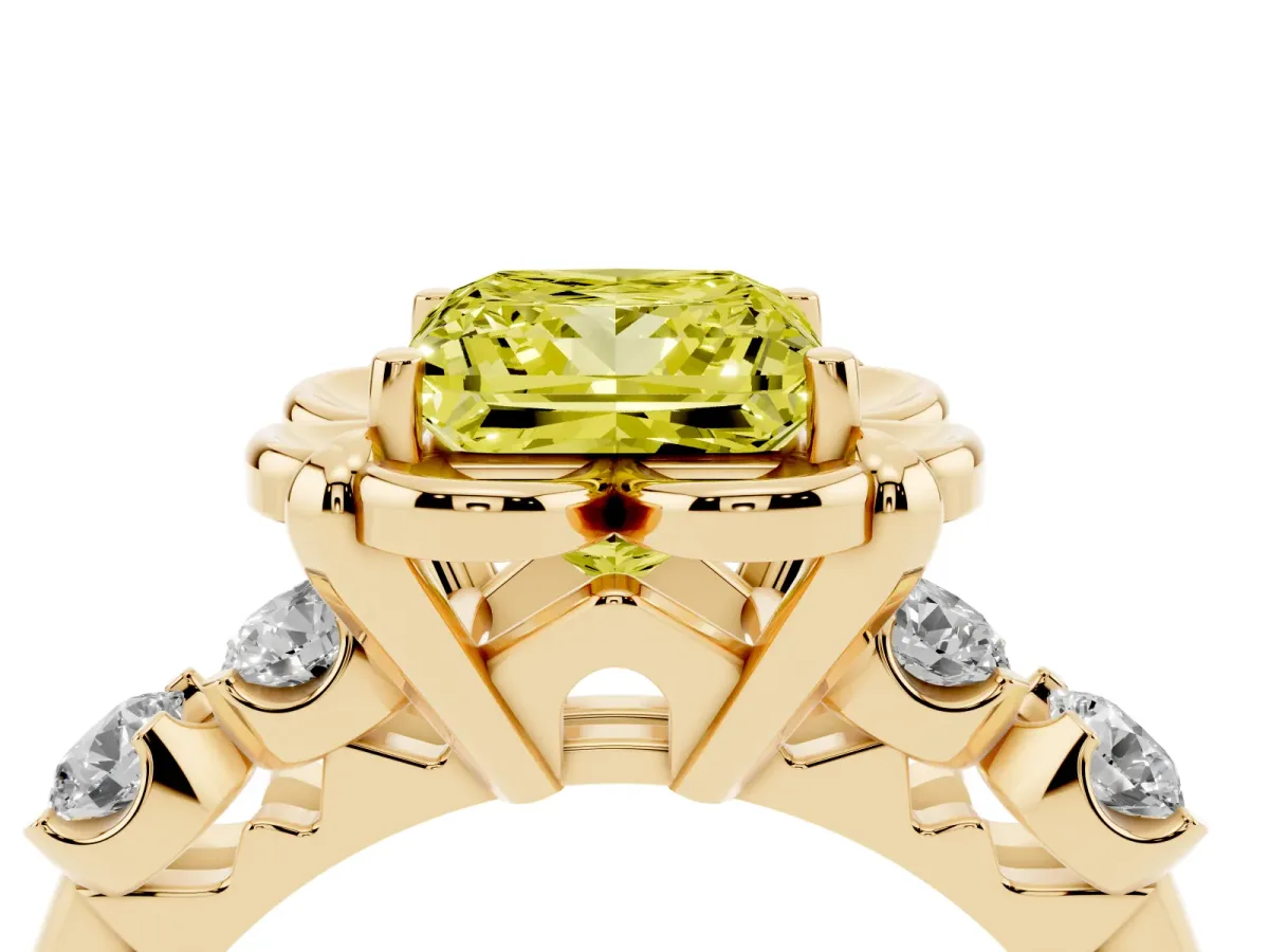 Fancy Yellow Princess Cut Cut Diamond Floral Halo Engagement Ring with Shared Prong Setting Yellow gold