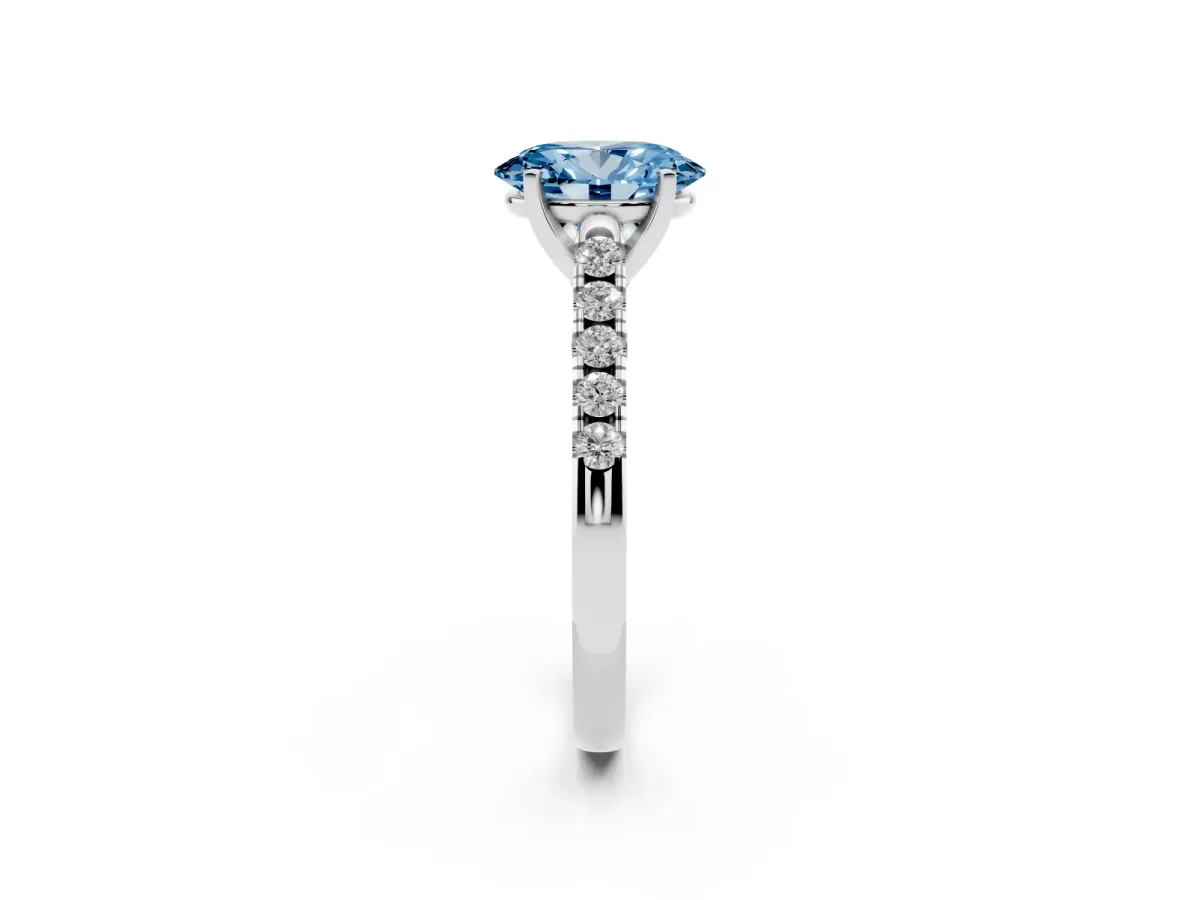 Fancy Blue Oval Cut Diamond Pavé Band Solitaire Ring with Prong Setting Platinum