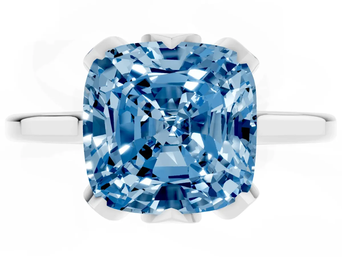 Fancy Blue Cushion Cut Diamond Solitaire Ring with Flower Prong Setting and Classic Band Silver
