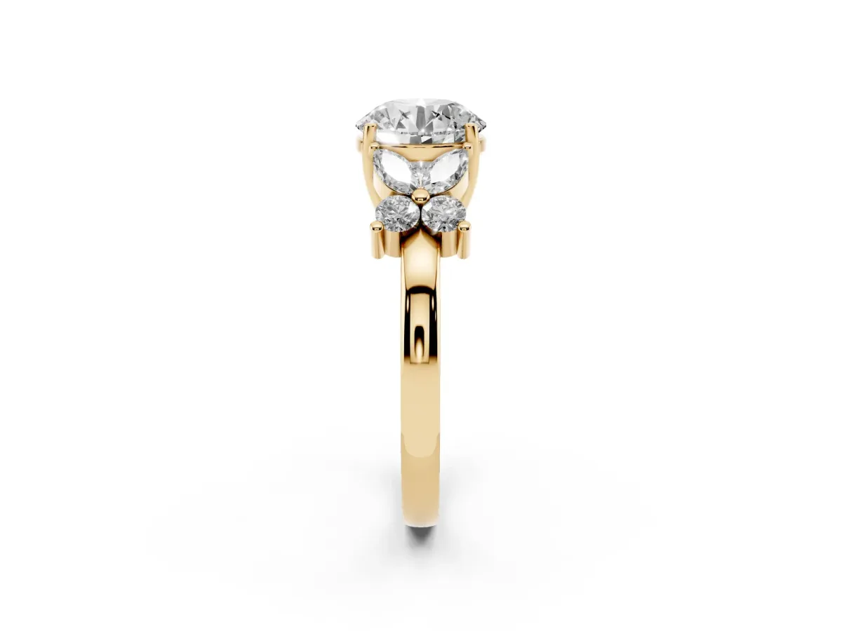 Round Cut Diamond Floral Cluster Ring with Solitaire Band and Prong Setting Yellow gold