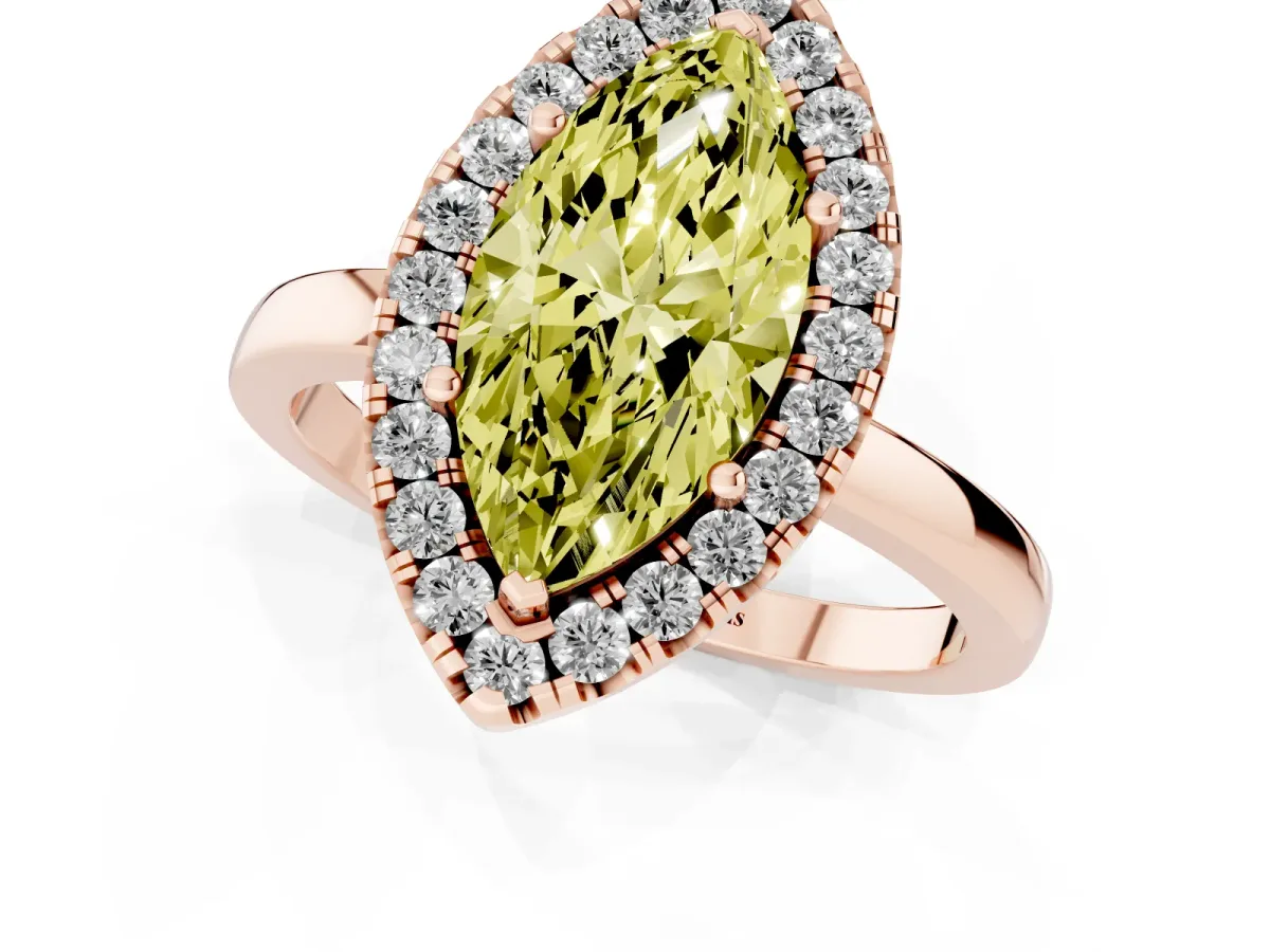 Fancy Yellow Marquise Cut Halo Diamond Solitaire with Pavé Band and Four-Prong Setting Rose gold