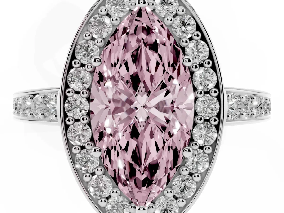 Fancy Pink Marquise Cut Halo Pavé Diamond Engagement Ring with Bezel Setting Silver