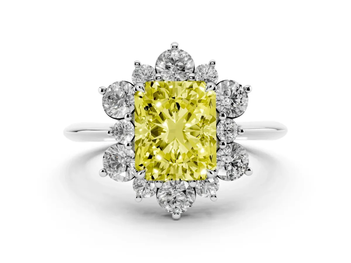 Fancy Yellow Radiant Cut Diamond Cluster Halo Ring with Solitaire Band and Four-Prong Setting Silver