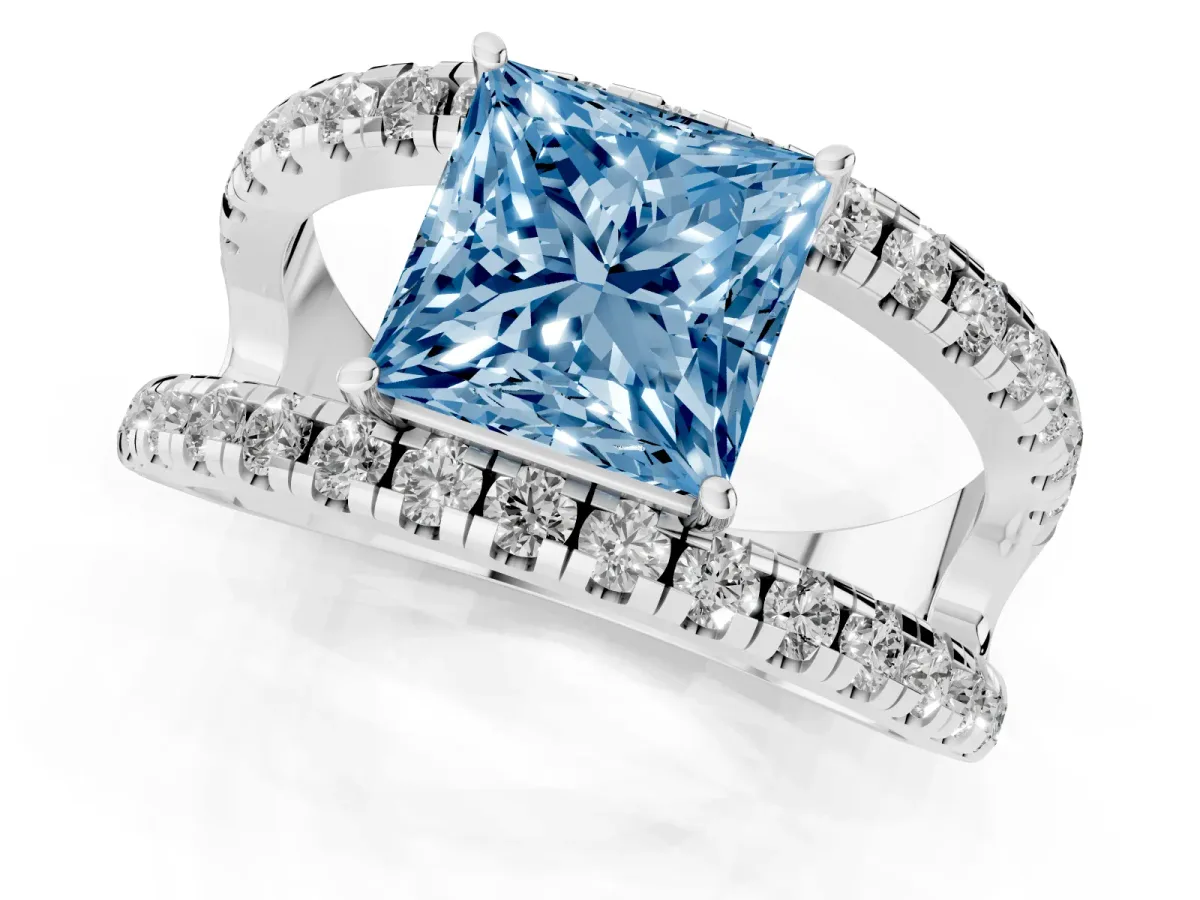 Fancy Blue Princess Cut Solitaire Split Shank Pave Diamond Ring Platinum