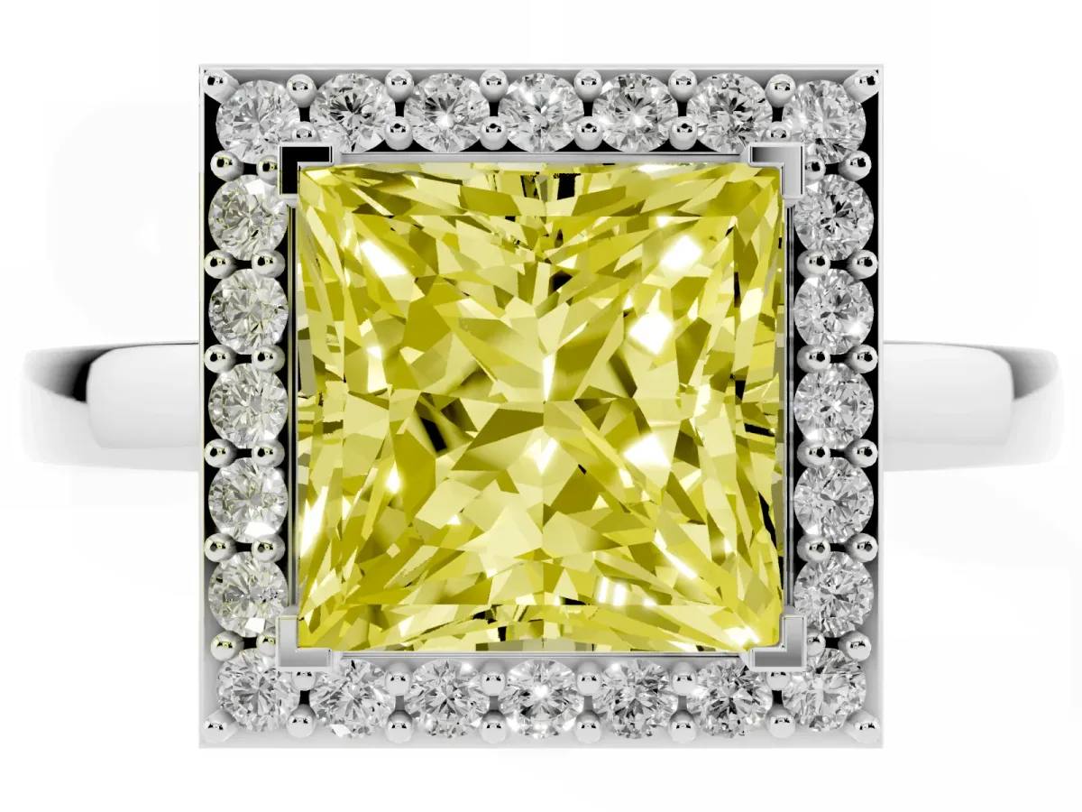 Fancy Yellow Princess Cut Halo Diamond Ring with Solitaire Band and Prong Setting Silver