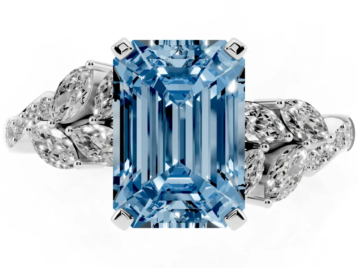 Fancy Blue Emerald Cut Solitaire Marquise Twist Band with Six-Prong Setting Silver