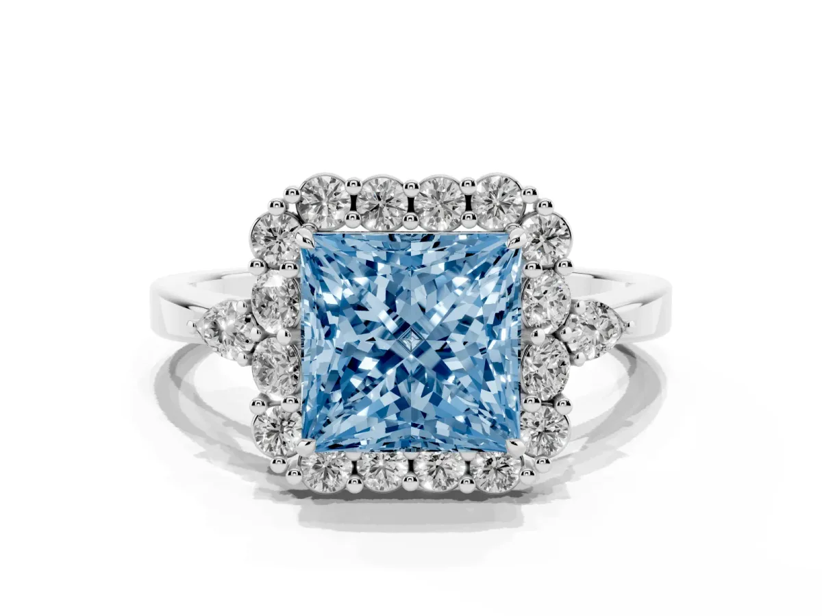 Fancy Blue Princess Cut Diamond Halo Ring with Pear Side Stones and Prong Setting Silver