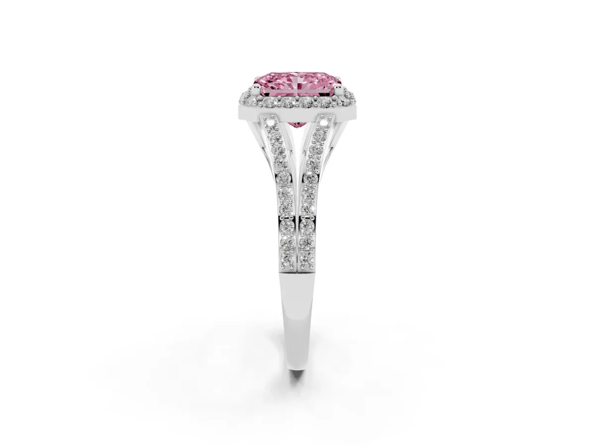 Fancy Pink Radiant Cut Halo Split Shank Pave Diamond Ring with Four-Prong Setting Silver