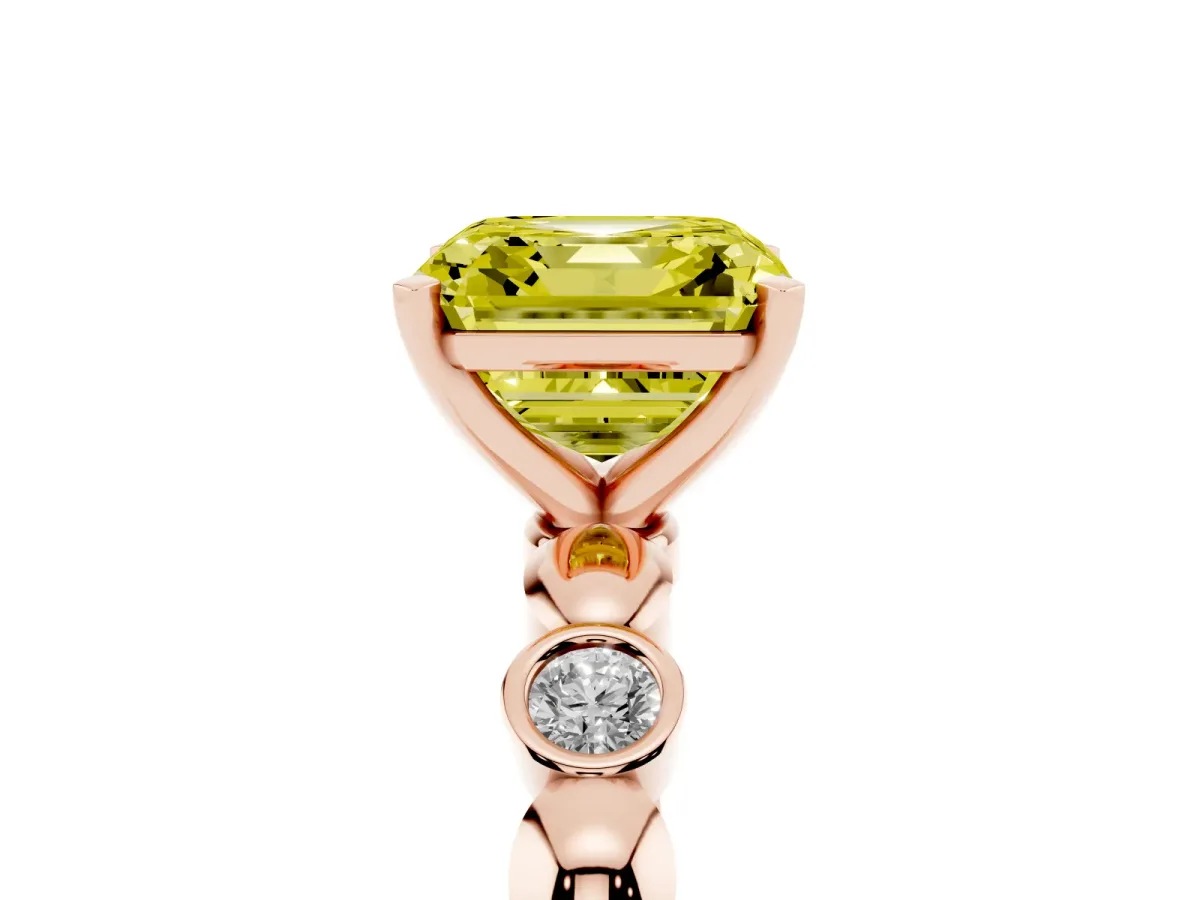 Fancy Yellow Asscher Cut Solitaire Bezel-Set Diamond Ring with Beaded Band and Four-Prong Setting Rose gold