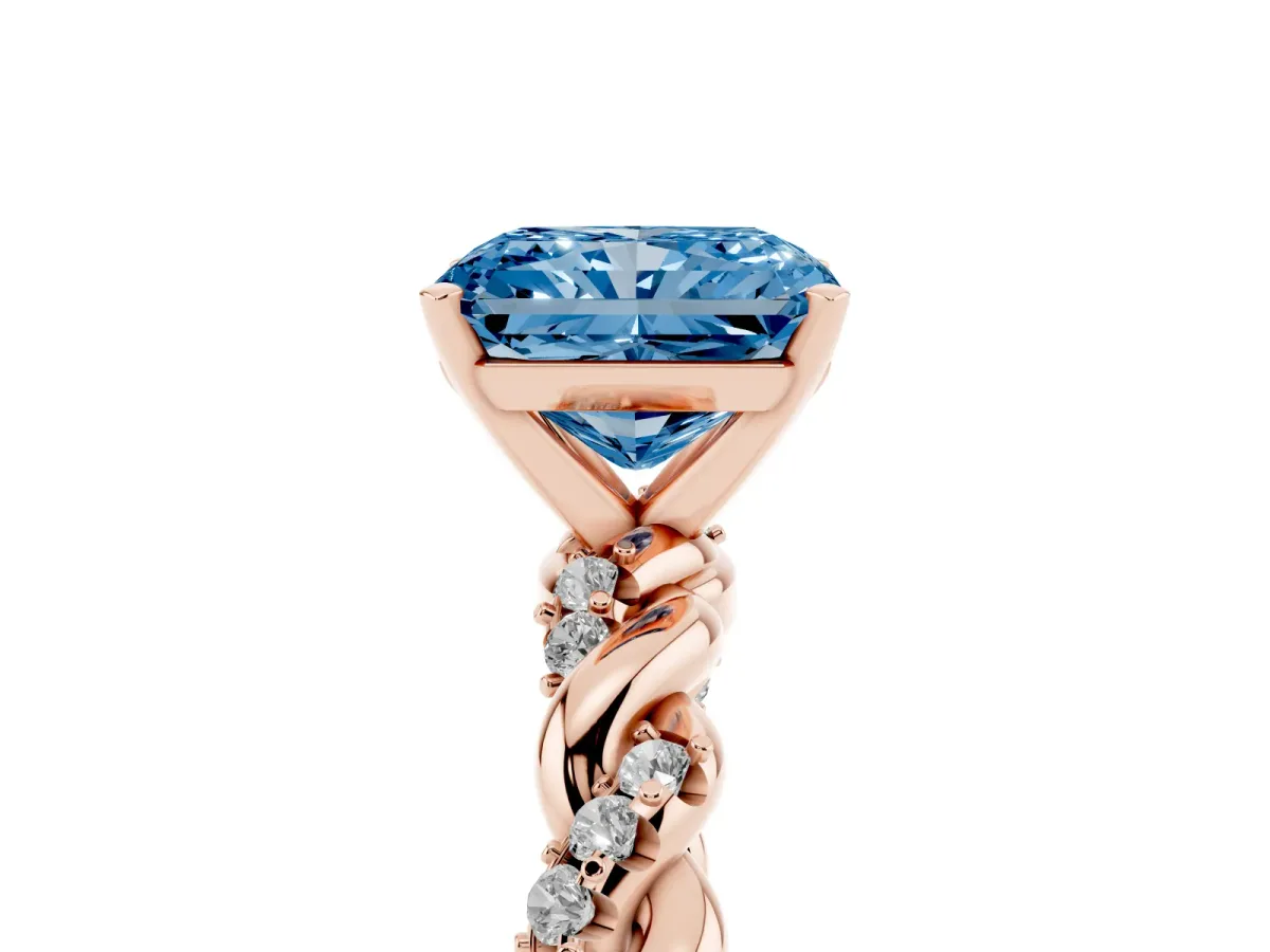 Fancy Blue Radiant Cut Diamond Solitaire Ring with Twisted Band and Pavé Accents Rose gold