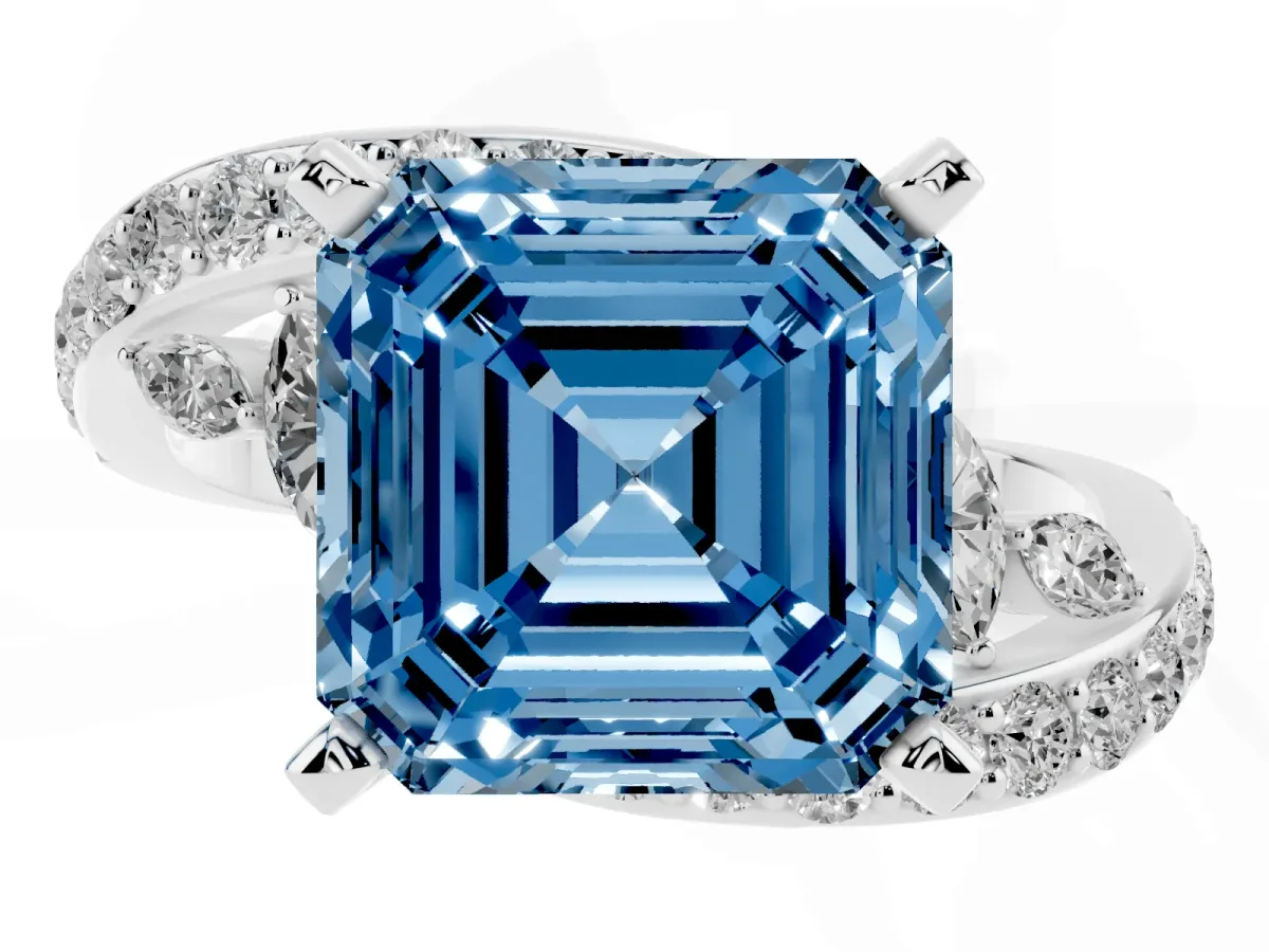 Fancy Blue Asscher Cut Solitaire with Pavé Twist Band and Four-Prong Setting Silver