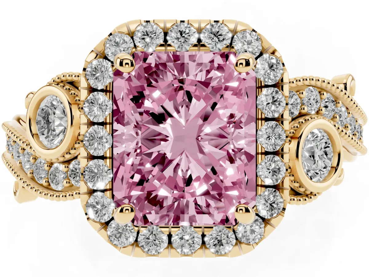 Fancy Pink Radiant Cut Halo Diamond Ring with Milgrain and Bezel Accents on a Split Shank Band Yellow gold