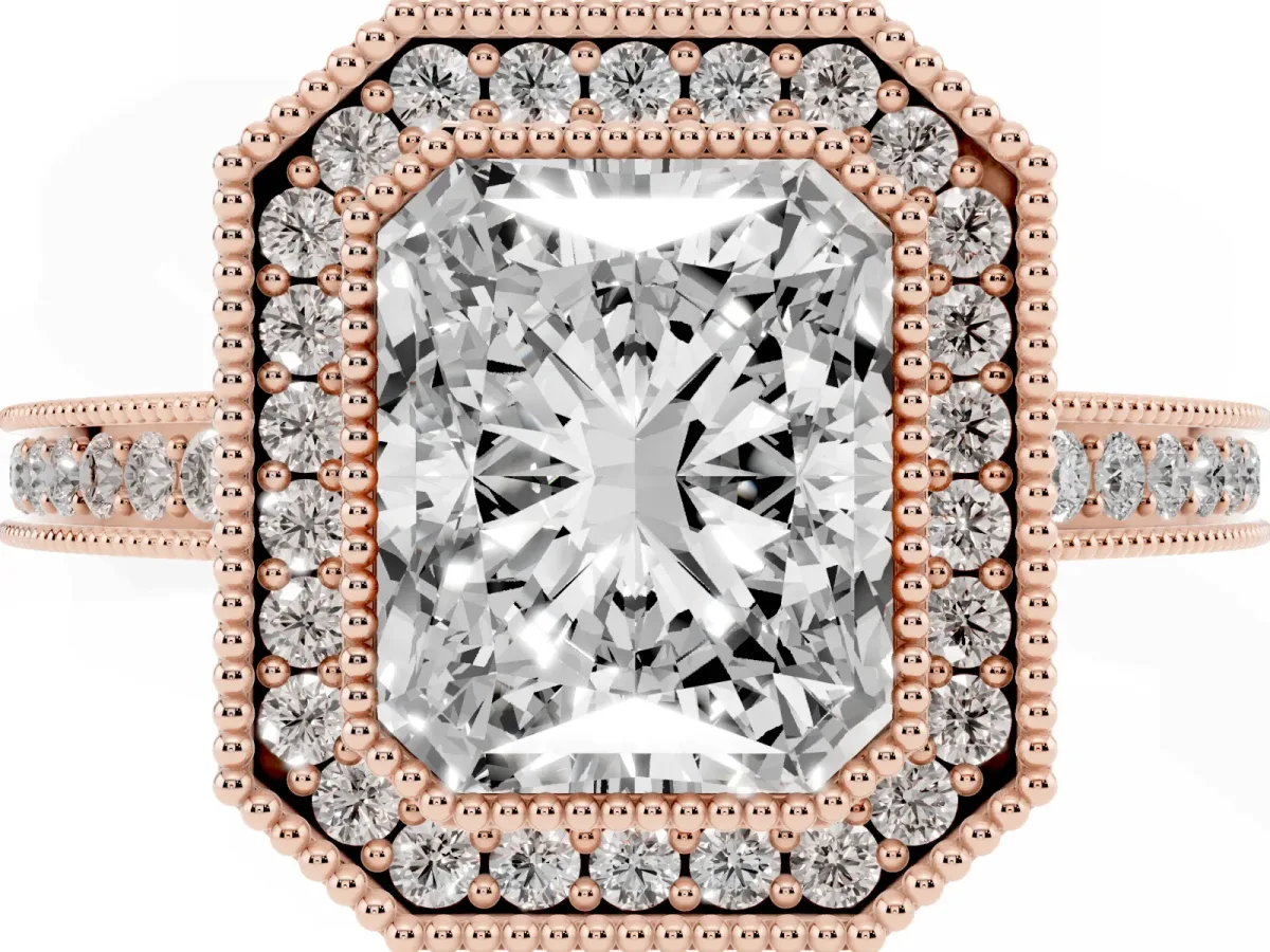 Radiant Cut Cut Halo Diamond Ring with Pavé Band and Milgrain Prong Setting Rose gold