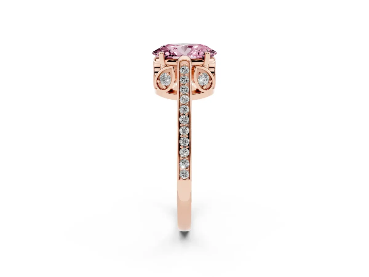 Fancy Pink Oval Cut Cut Cathedral Pave Diamond Engagement Ring with Six-Prong Setting Rose gold