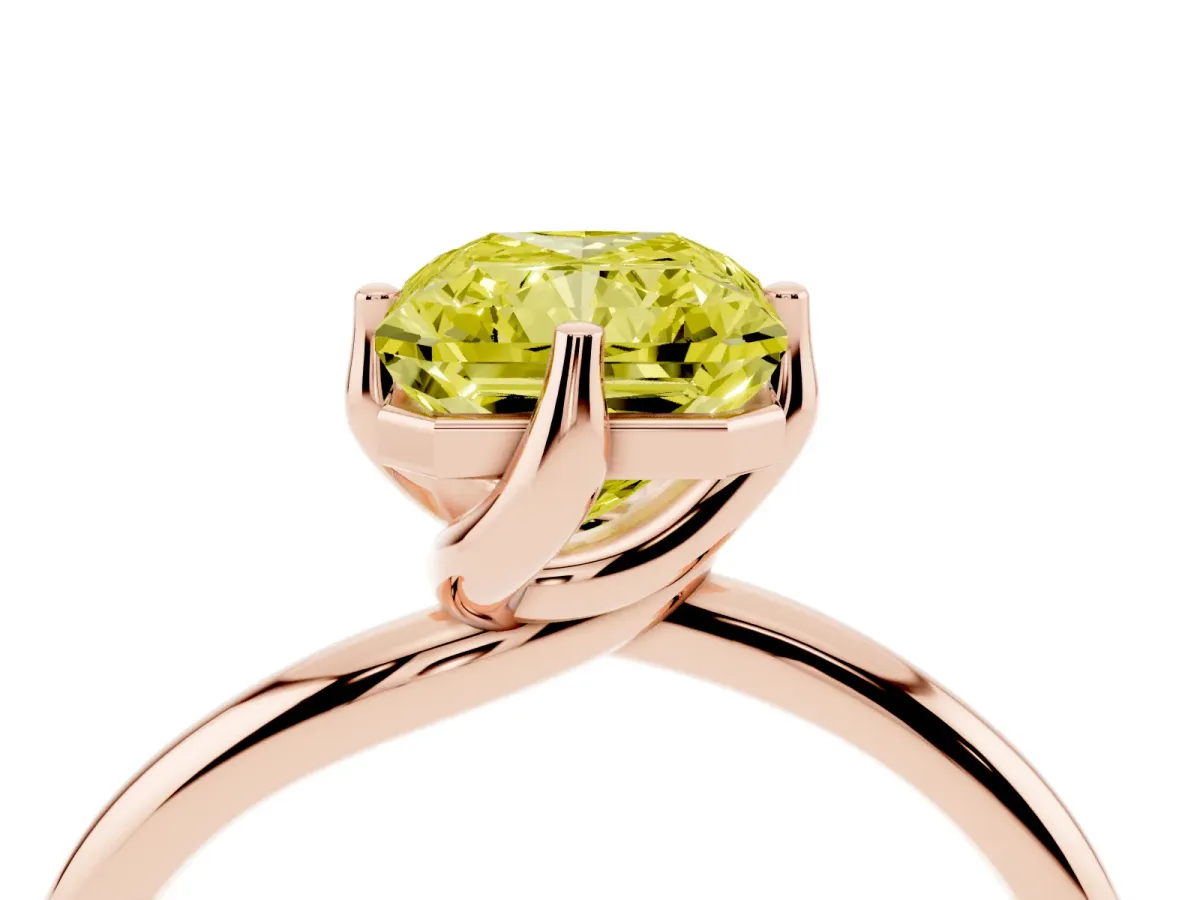 Fancy Yellow Radiant Cut Diamond Solitaire Engagement Ring with Four-Prong Setting and Classic Band Rose gold