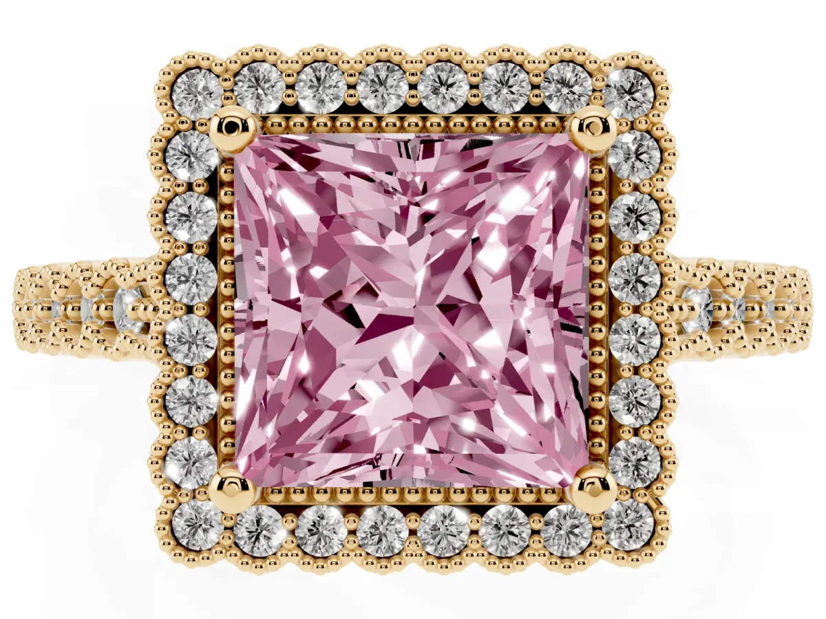 Fancy Pink Princess Cut Cut Halo Pavé Solitaire Ring with Milgrain Band Yellow gold