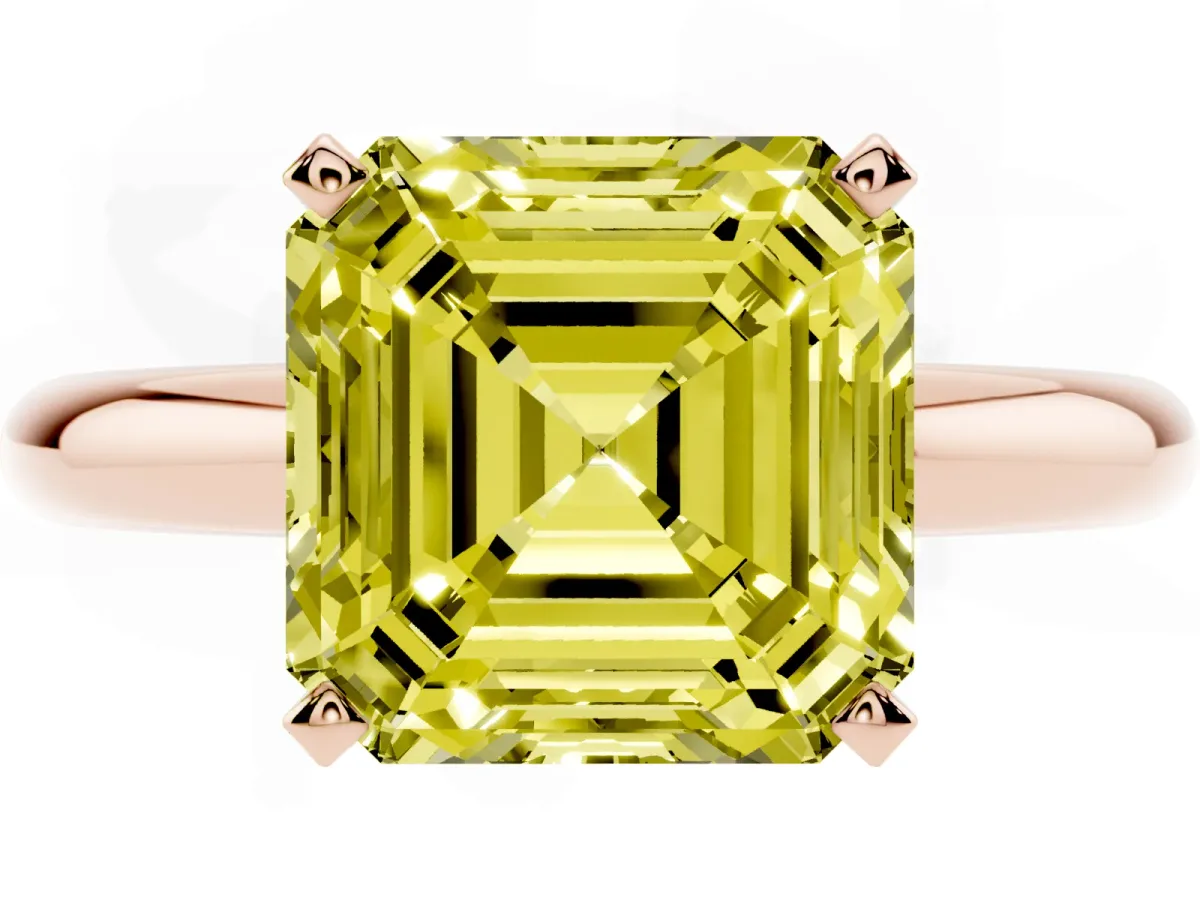 Fancy Yellow Asscher Cut Diamond Solitaire Engagement Ring with Round Band and Four-Prong Setting Rose gold