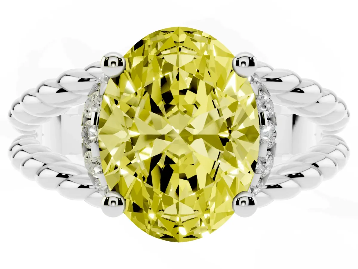 Fancy Yellow Oval Cut Halo Twisted Band Four-Prong Ring Silver
