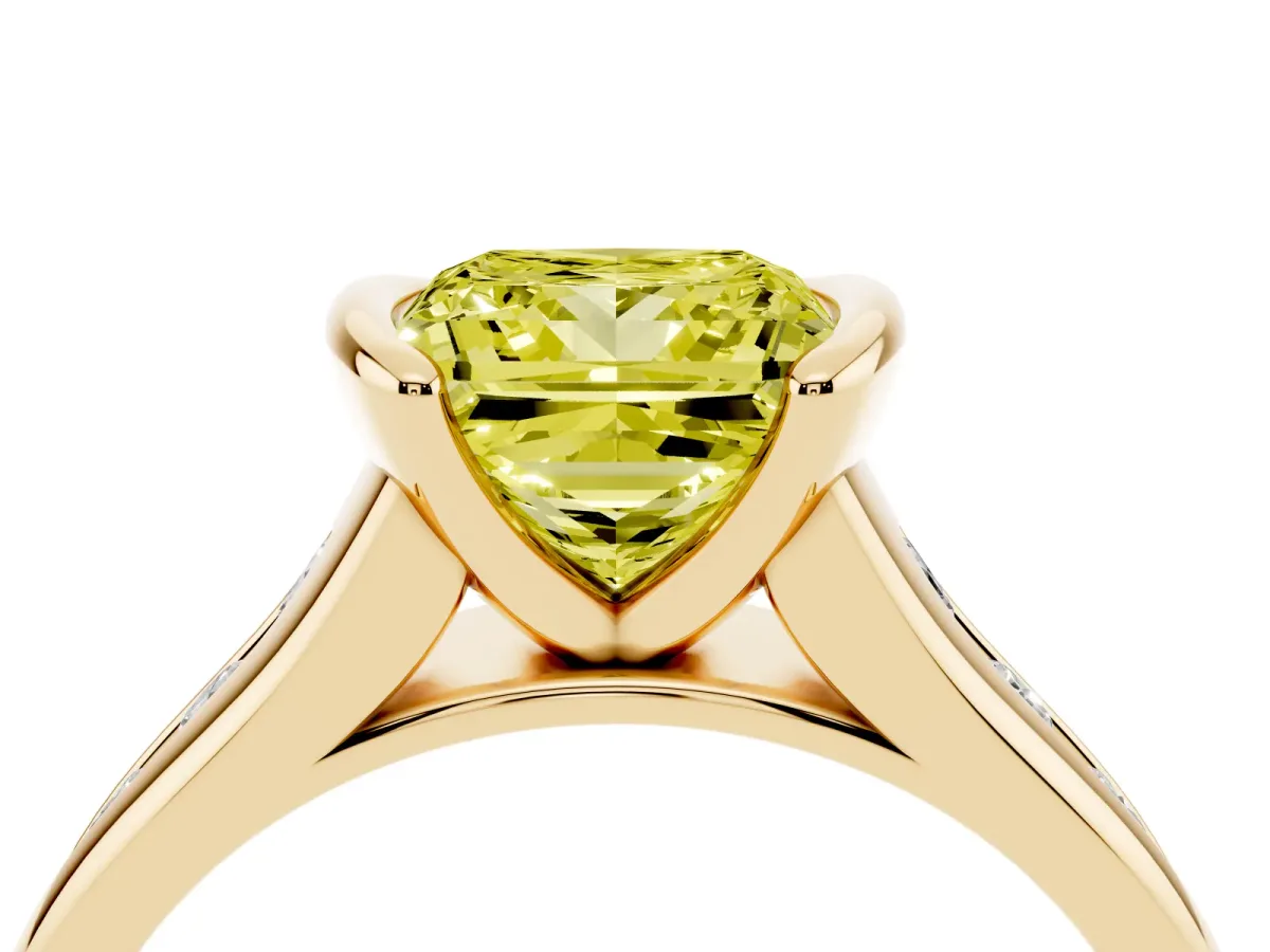 Fancy Yellow Princess Cut Solitaire Bezel-Set Diamond Ring with Channel-Set Band Yellow gold