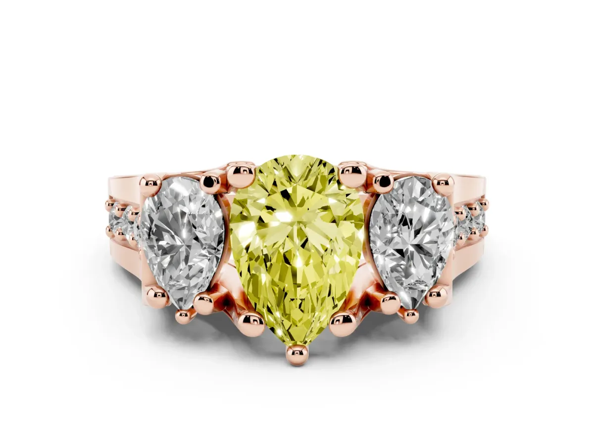 Fancy Yellow Pear Cut Diamond Three-Stone Ring with Channel Set Band and Four-Prong Setting Rose gold