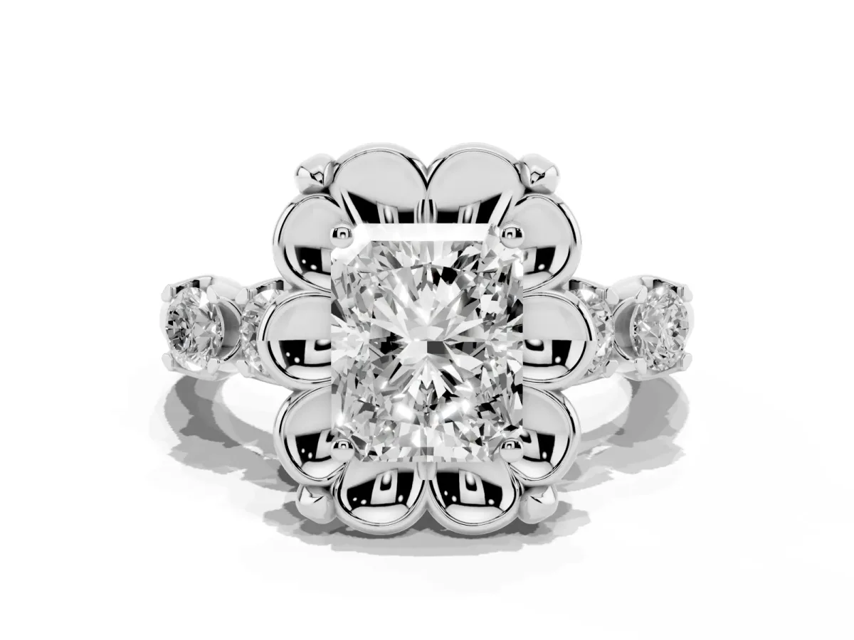 Radiant Cut Cut Diamond Floral Halo Engagement Ring with Shared Prong Setting Silver