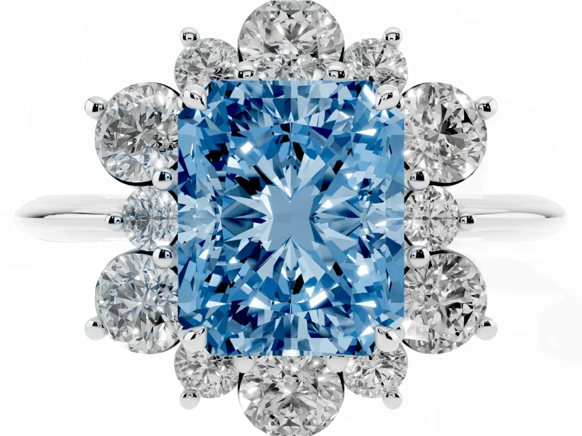 Fancy Blue Radiant Cut Diamond Cluster Halo Ring with Solitaire Band and Four-Prong Setting White gold