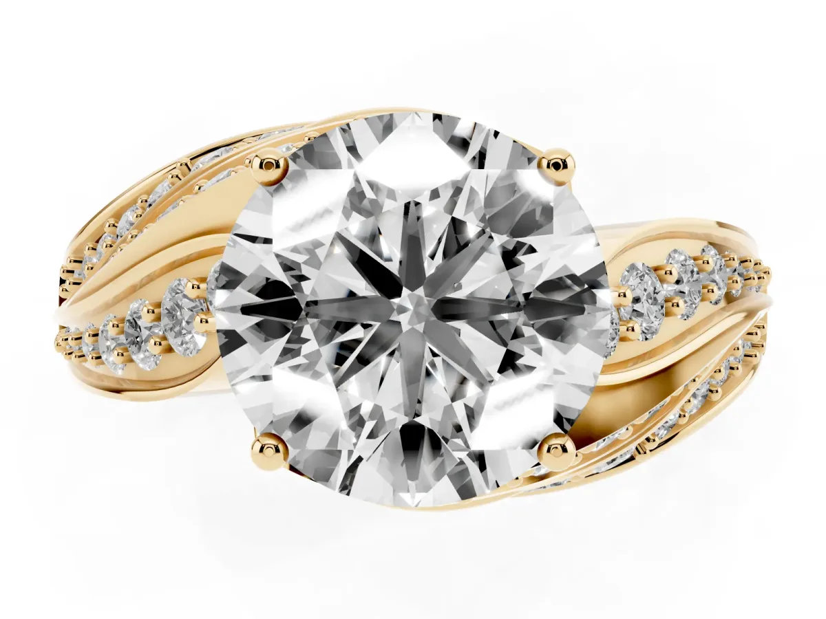 Round Cut Diamond Solitaire Ring with Prong Setting and Twisted Pavé Band Yellow gold