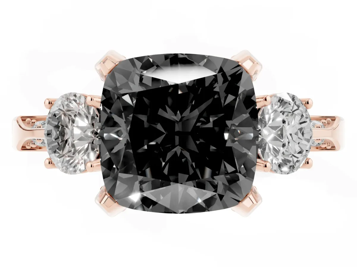 Fancy Black Cushion Cut Brilliant Three-Stone Diamond Ring with Pavé Band and Four-Prong Setting Rose gold