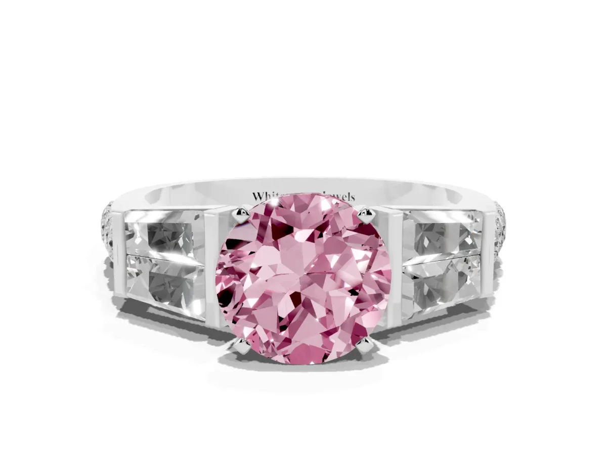 Fancy Pink Round Cut Diamond Engagement Ring with Baguette Side Stones and Channel Set Band Silver