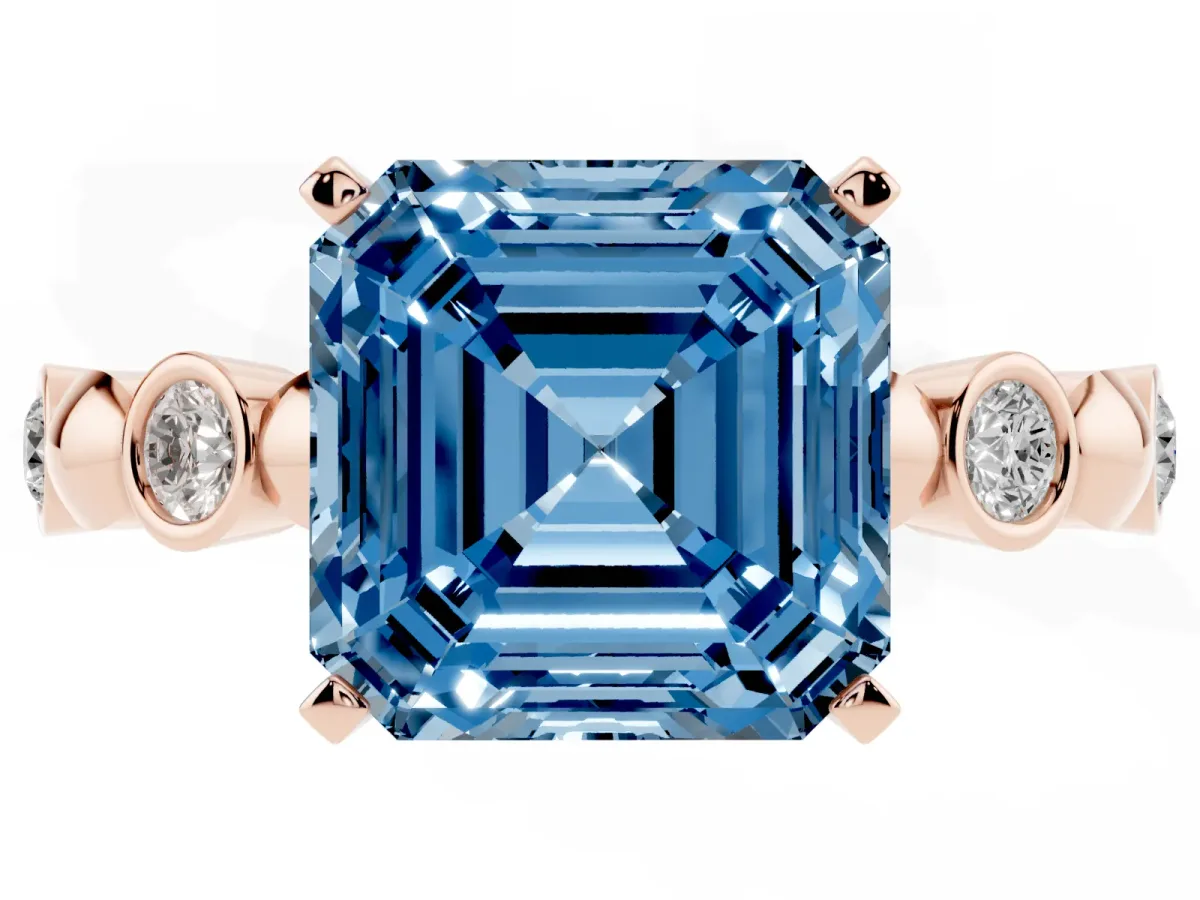 Fancy Blue Asscher Cut Solitaire Bezel-Set Diamond Ring with Beaded Band and Four-Prong Setting Rose gold