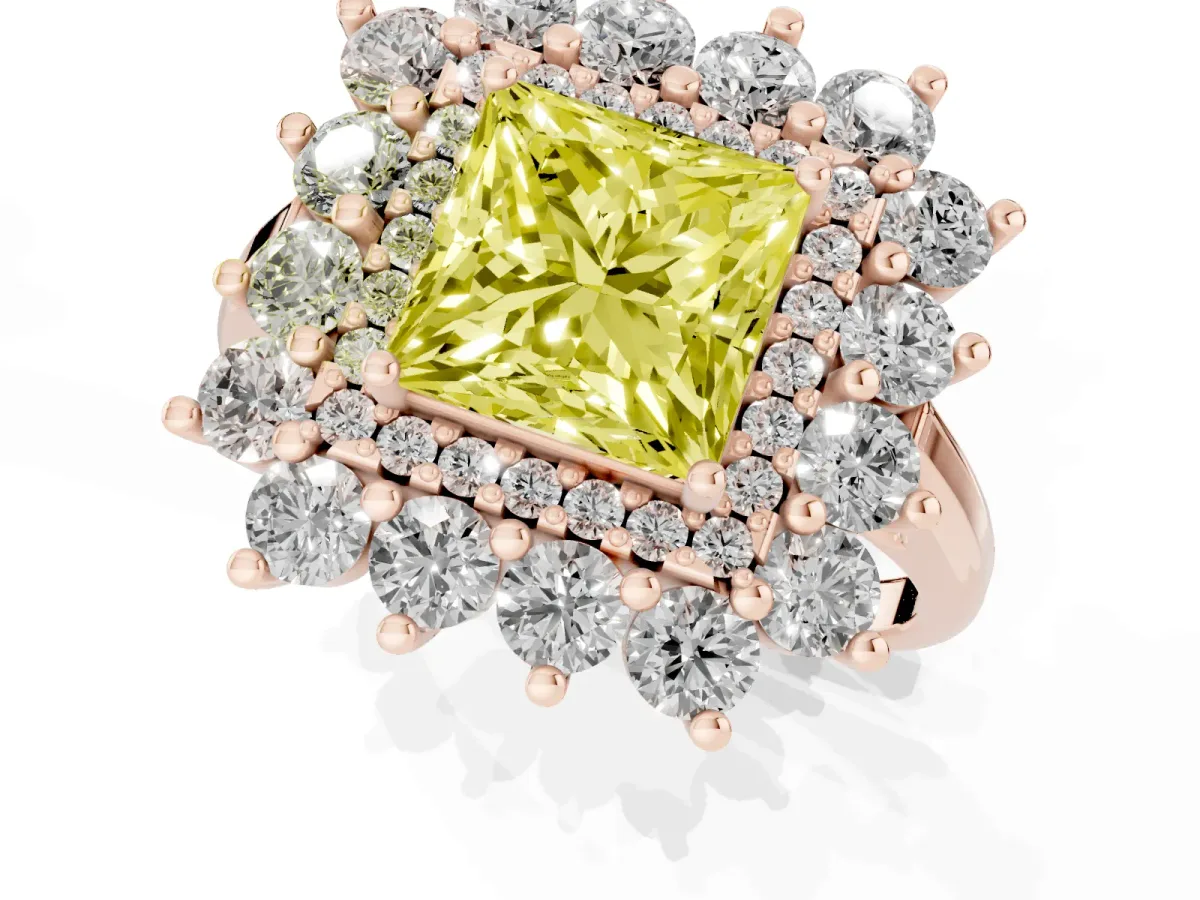 Fancy Yellow Princess Cut Diamond Floral Double Halo Engagement Ring with Prong Setting Rose gold