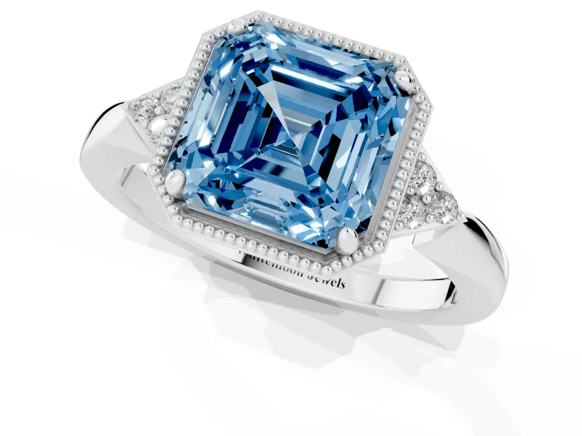 Fancy Blue Hexagonal Halo Asscher Cut Diamond Solitaire with Pavé Band and Four-Prong Setting Silver