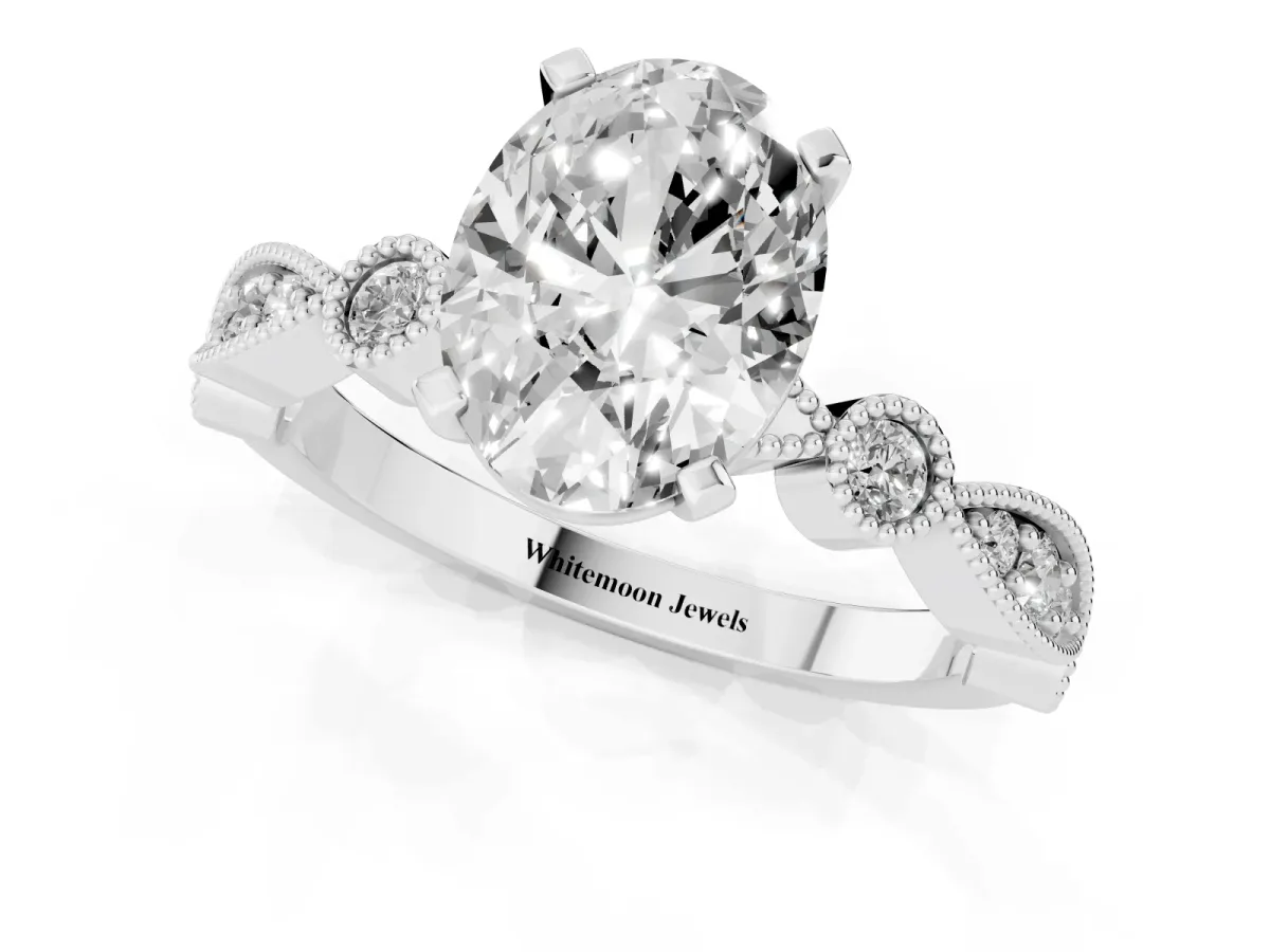 Oval Cut Milgrain Bezel Diamond Engagement Ring with Solitaire Prong Setting Platinum