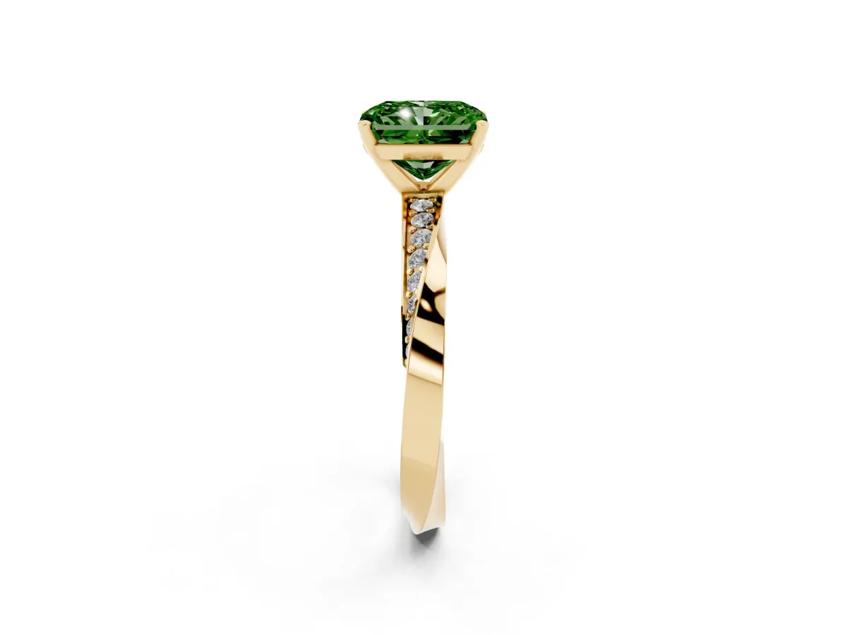 Fancy Green Radiant Cut Diamond Engagement Ring with Side Stone Accents and Four-Prong Setting Yellow gold