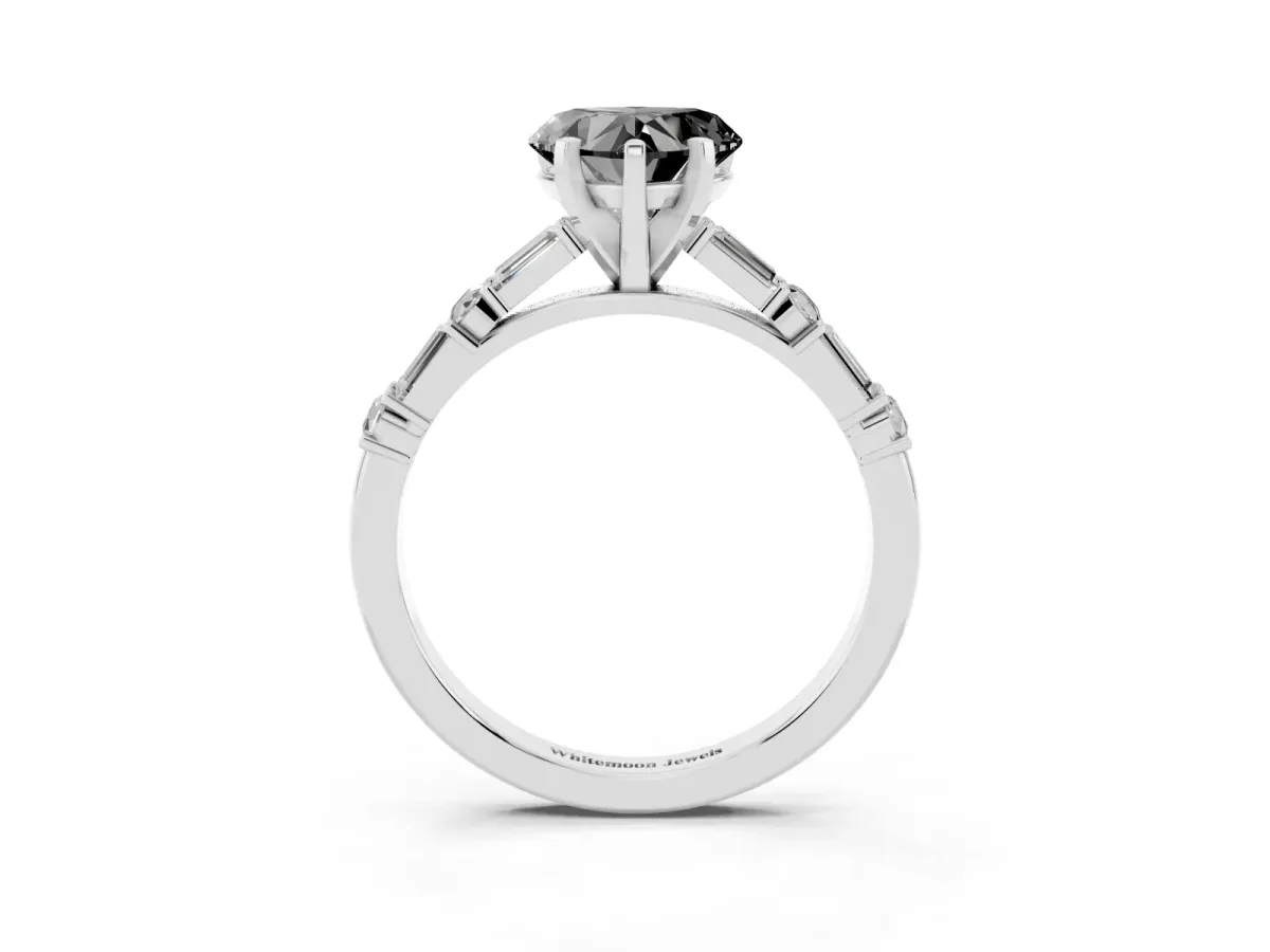 Fancy Black Heart Cut Diamond Solitaire with Side Baguettes and Channel Set Band Silver