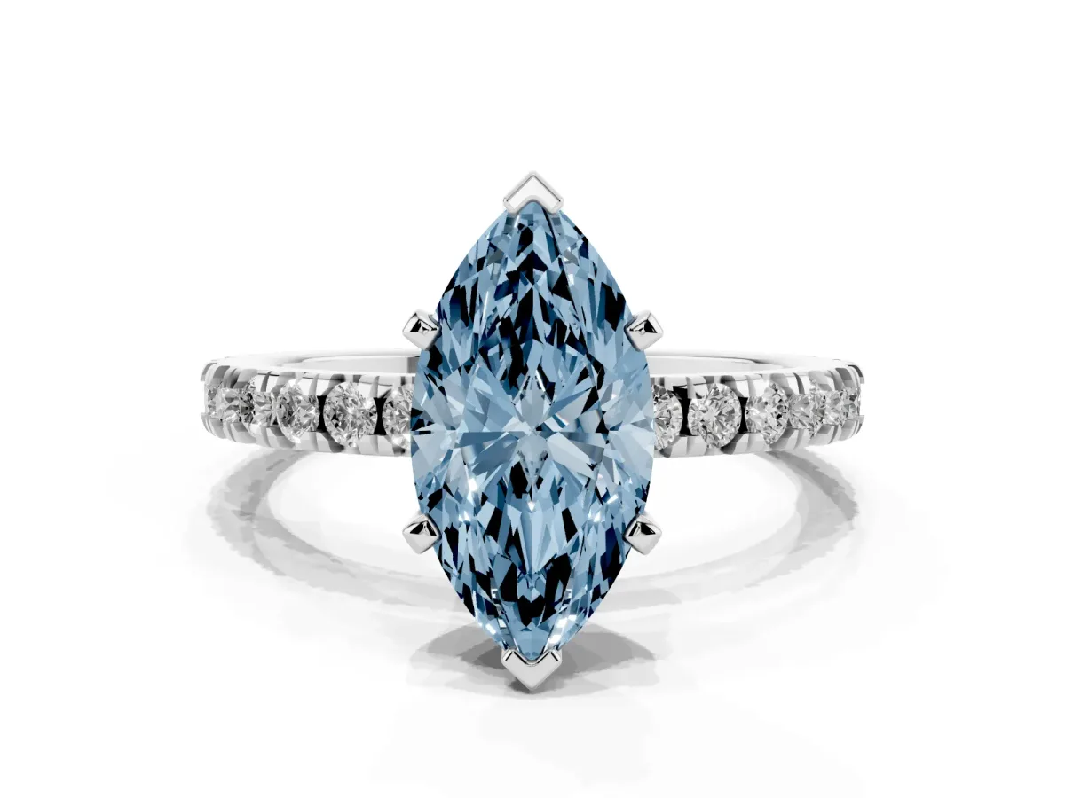 Fancy Blue Marquise Cut Diamond Pavé Band Solitaire with Four-Prong Setting Silver