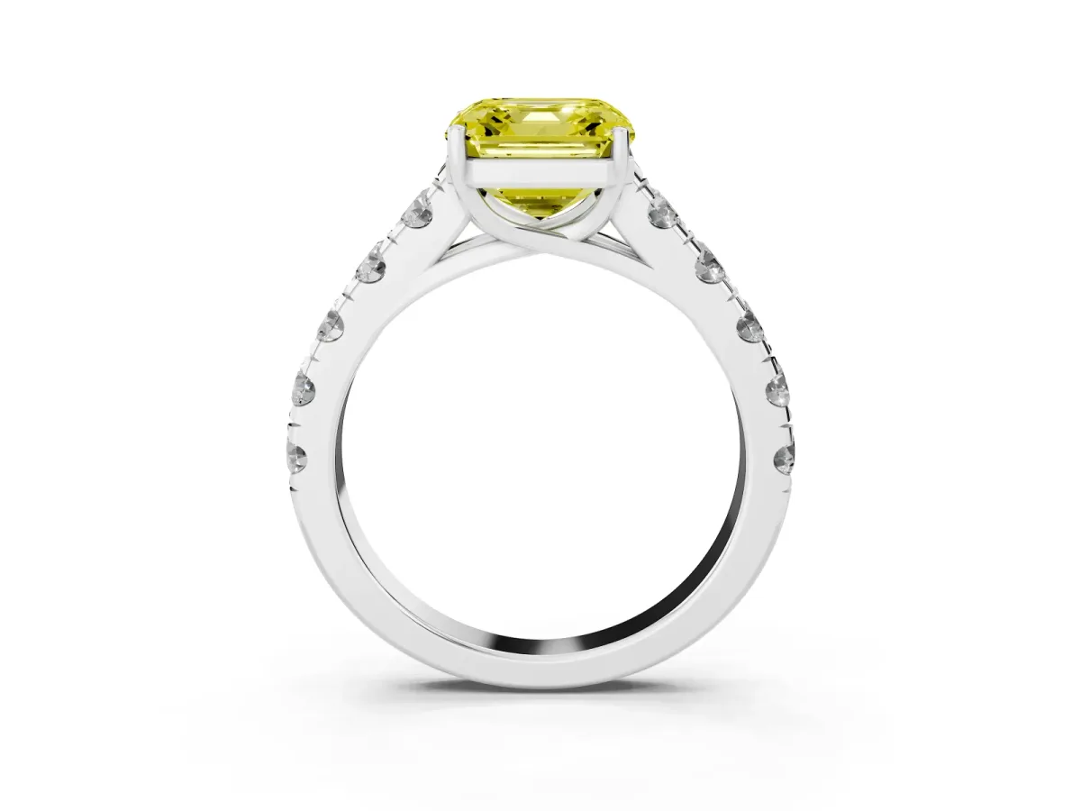 Fancy Yellow Asscher Cut Cut Diamond Solitaire Ring with Micro Pave Band and Prong Setting Silver