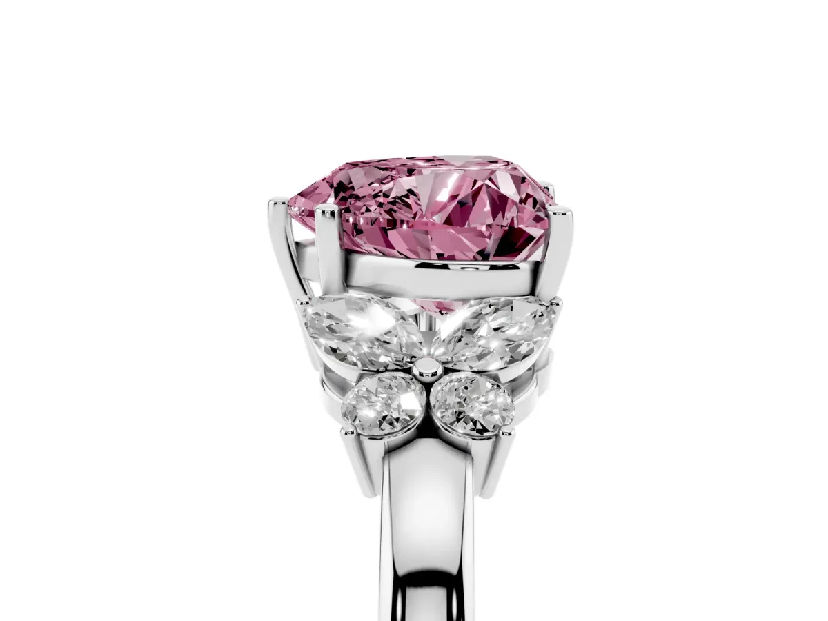 Fancy Pink Heart Cut Cut Solitaire Floral Diamond Ring with Four-Prong Setting Silver