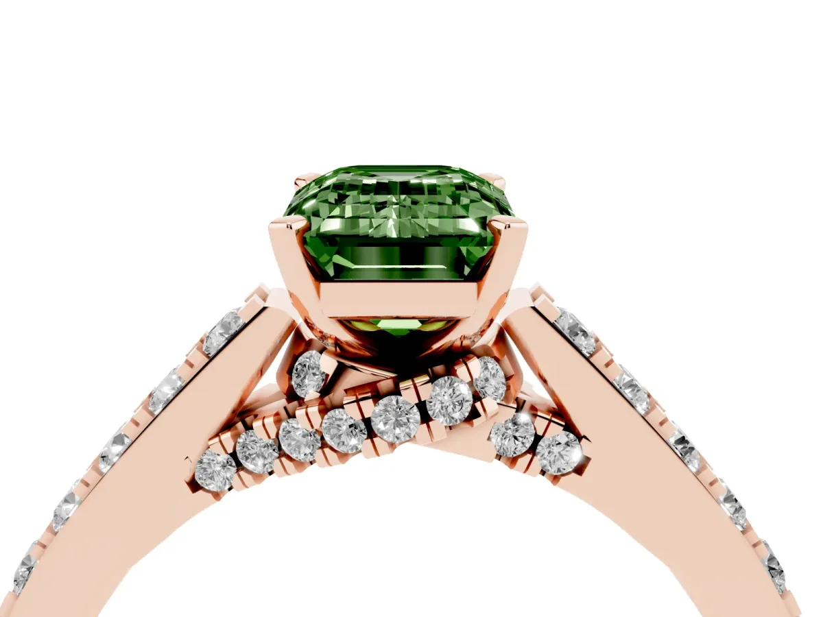 Fancy Green Emerald Cut Diamond Solitaire Ring with Crossover Gallery and Round Pavé Band Rose gold