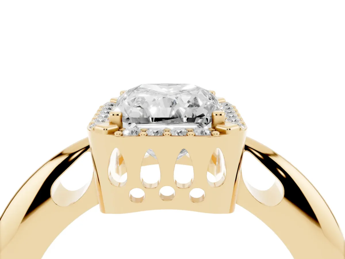 Radiant Cut Cut Diamond Halo Engagement Ring with Split Shank and Four-Prong Setting Yellow gold