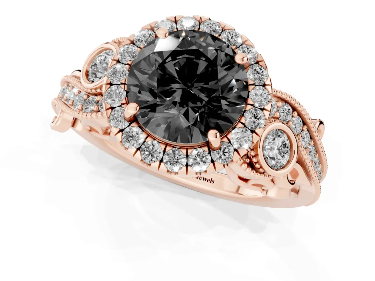 Fancy Black Round Cut Halo Diamond Ring with Milgrain and Bezel Accents on a Split Shank Band Rose gold