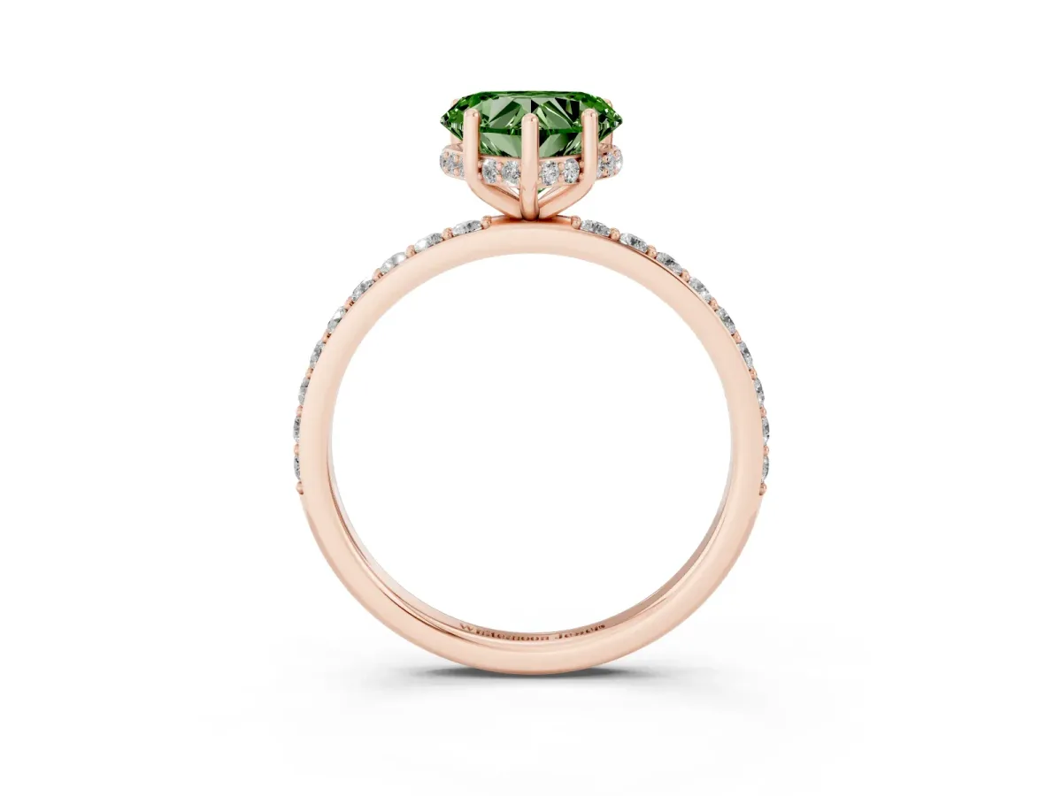 Fancy Green Heart Cut Diamond Solitaire Ring with Pavé Band and Hidden Halo Rose gold