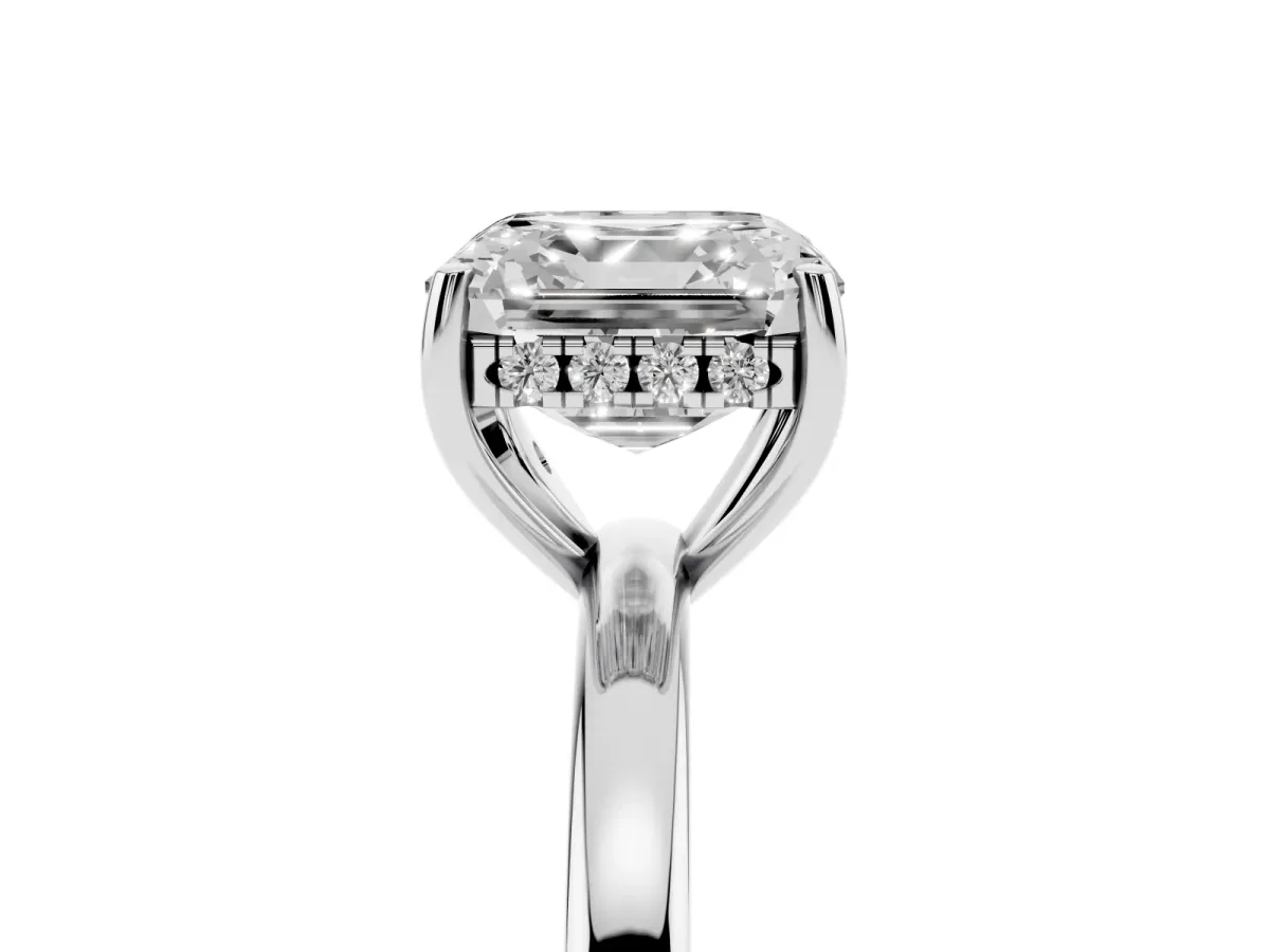 Asscher Cut Solitaire Diamond Ring with Prong Setting and Plain Band Silver
