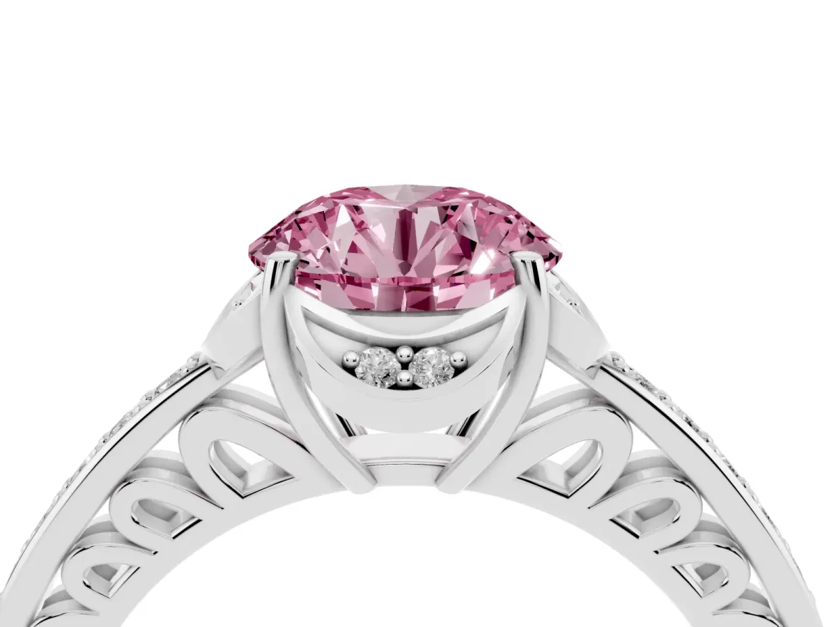 Fancy Pink Round Cut Cut Halo Diamond Ring with Channel Set Band and Four-Prong Setting Silver