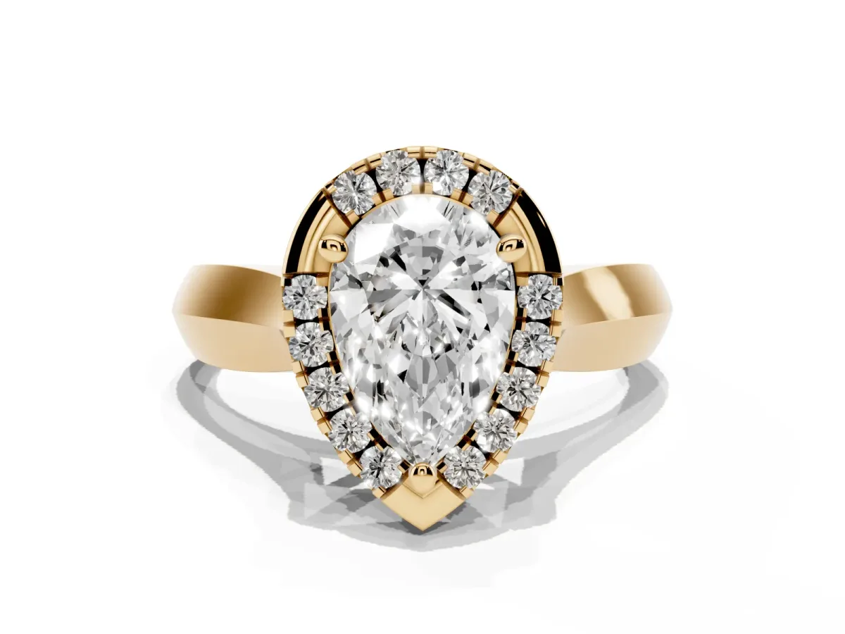 Pear Cut Cut Halo Solitaire Engagement Ring with Square Band and Four-Prong Setting Yellow gold