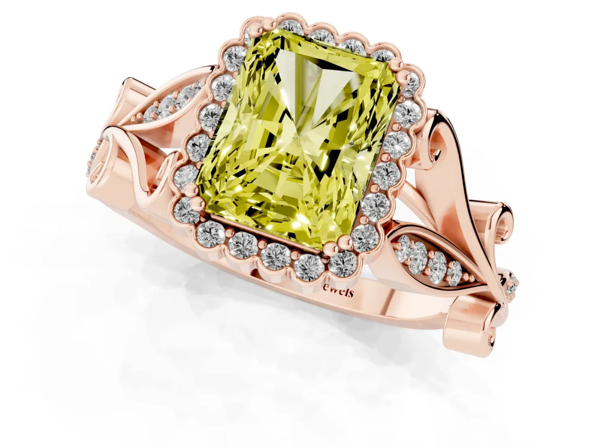 Fancy Yellow Radiant Cut Diamond Halo Ring with Vintage Split Shank and Four-Prong Setting Rose gold