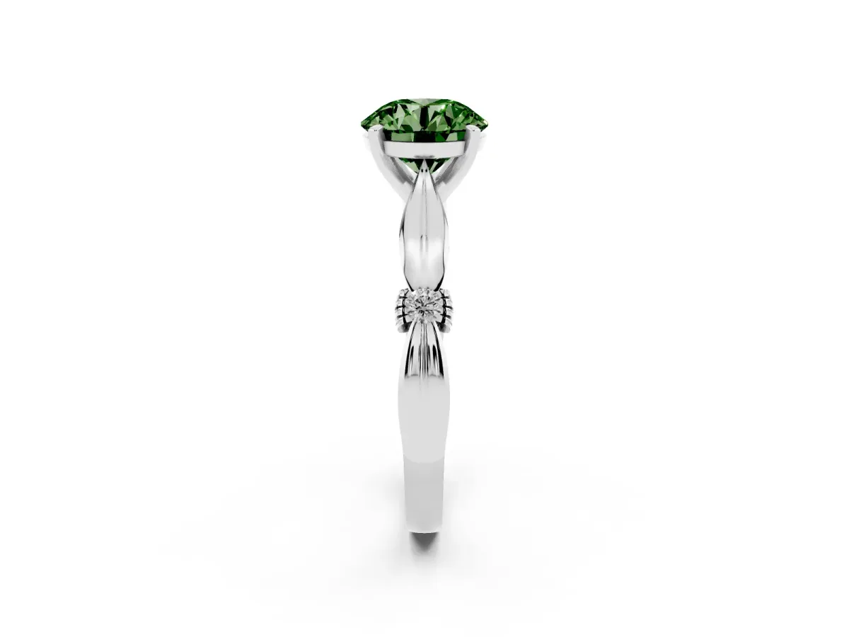 Fancy Green Round Cut Solitaire Diamond Twisted Band with Four-Prong Setting Platinum