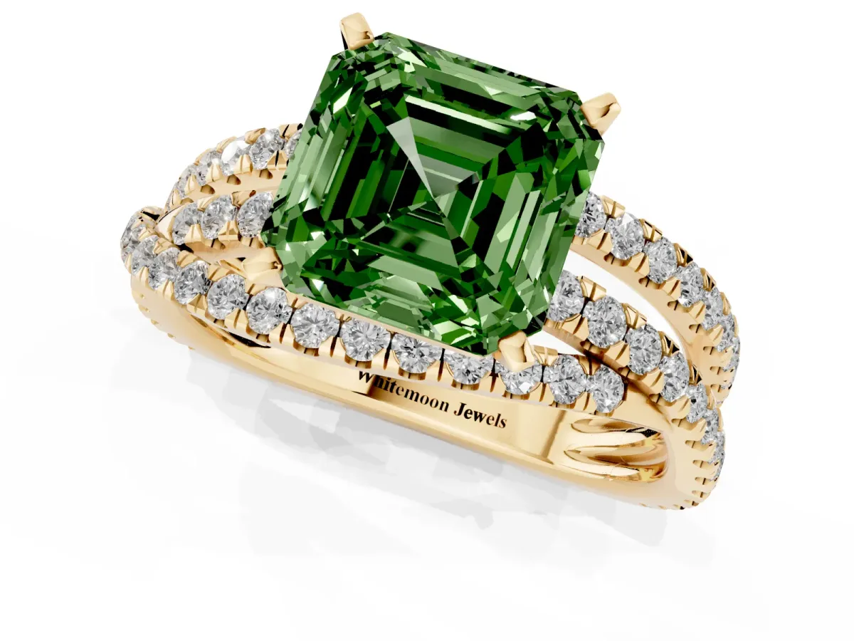 Fancy Green Asscher Cut Solitaire Twist Band with Pavé Setting and Four-Prong Setting Yellow gold