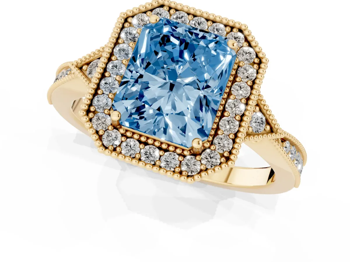 Fancy Blue Radiant Cut Halo Round Diamond Milgrain Pave Engagement Ring Yellow gold