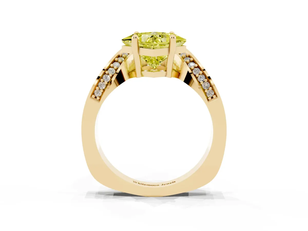 Fancy Yellow Princess Cut Solitaire Diamond Engagement Ring with Pave Band and Four-Prong Setting Yellow gold